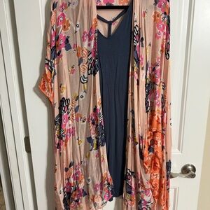 Floral Kimono Cardigan with Maurice’s blue Dress